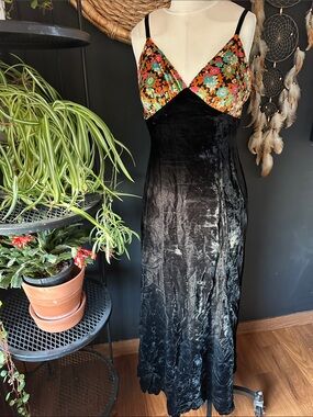 Black Velvet Maxi Dress with Multicolor Floral  Bodice